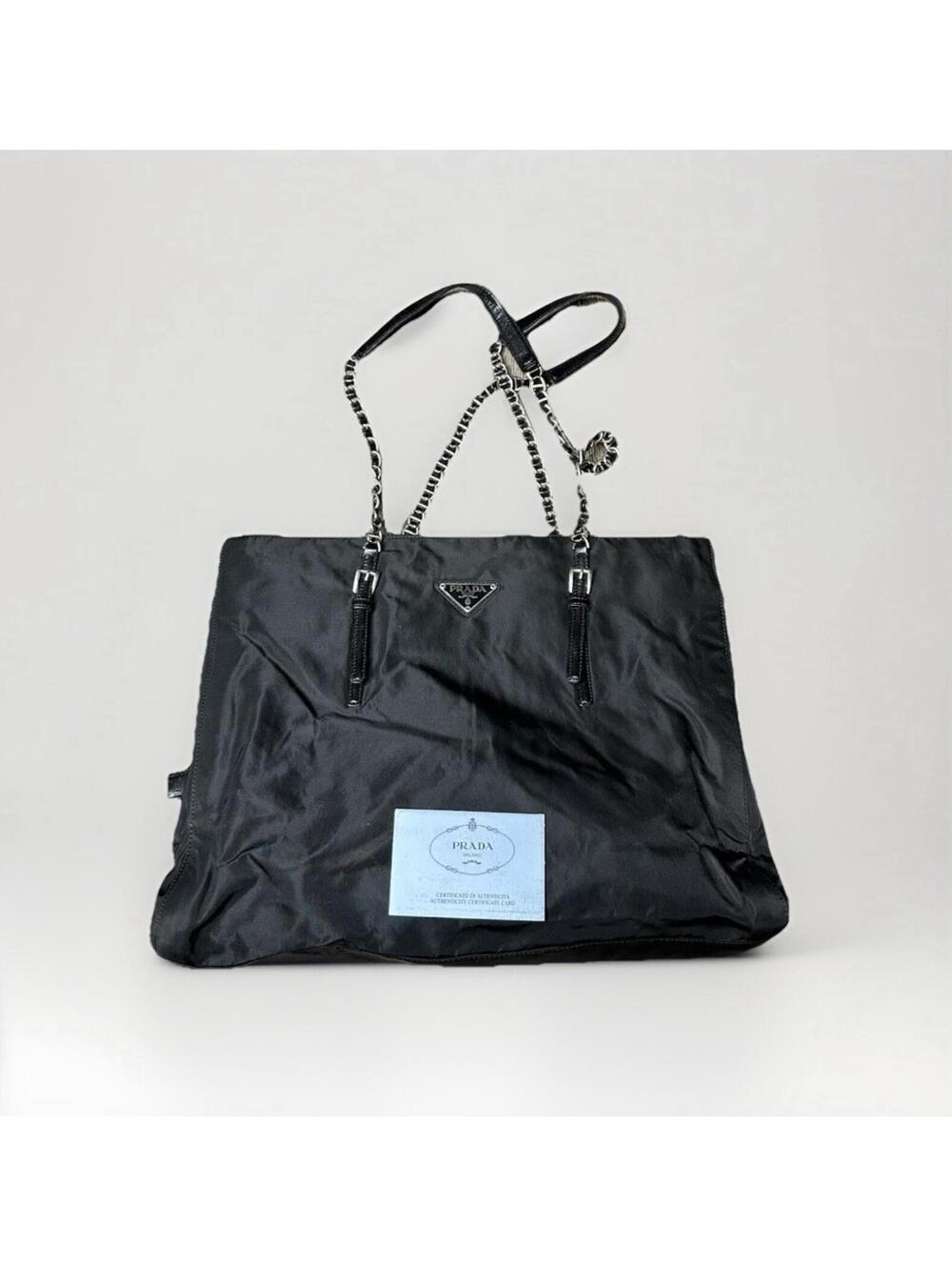 Vintage PRADA Tessuto Nylon Shoulder Crossbody Bag Black Silver Chain AUTHENTIC